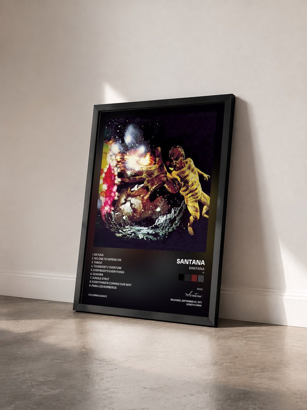 #noir Santana III by Santana as a framed art print seen at an angle, black frame