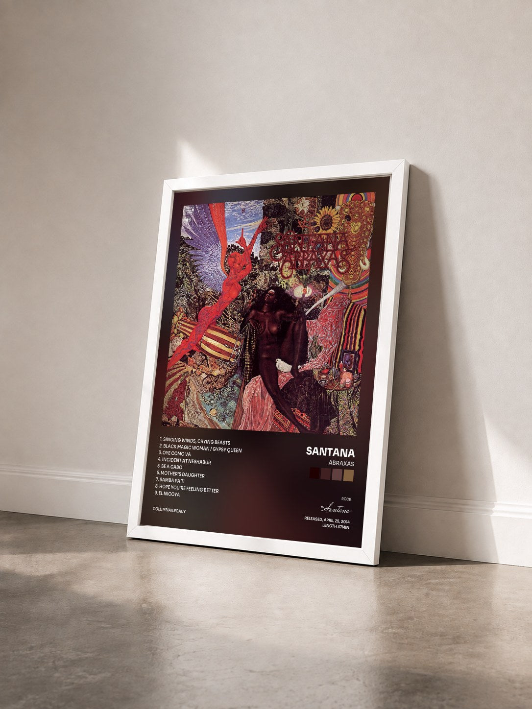 #blanc Tableau de l'album Abraxas de Santana vu de trois quarts, cadre blanc
