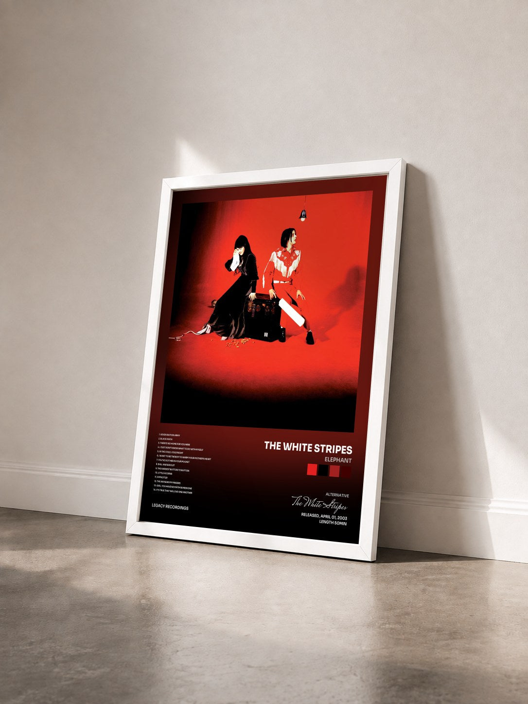 #blanc Elephant by The White Stripes as a framed art print seen at an angle, white frame