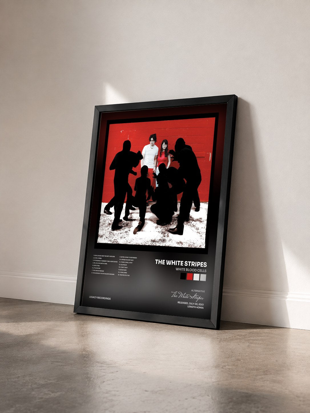 #noir White Blood Cells by The White Stripes as a framed art print seen at an angle, black frame