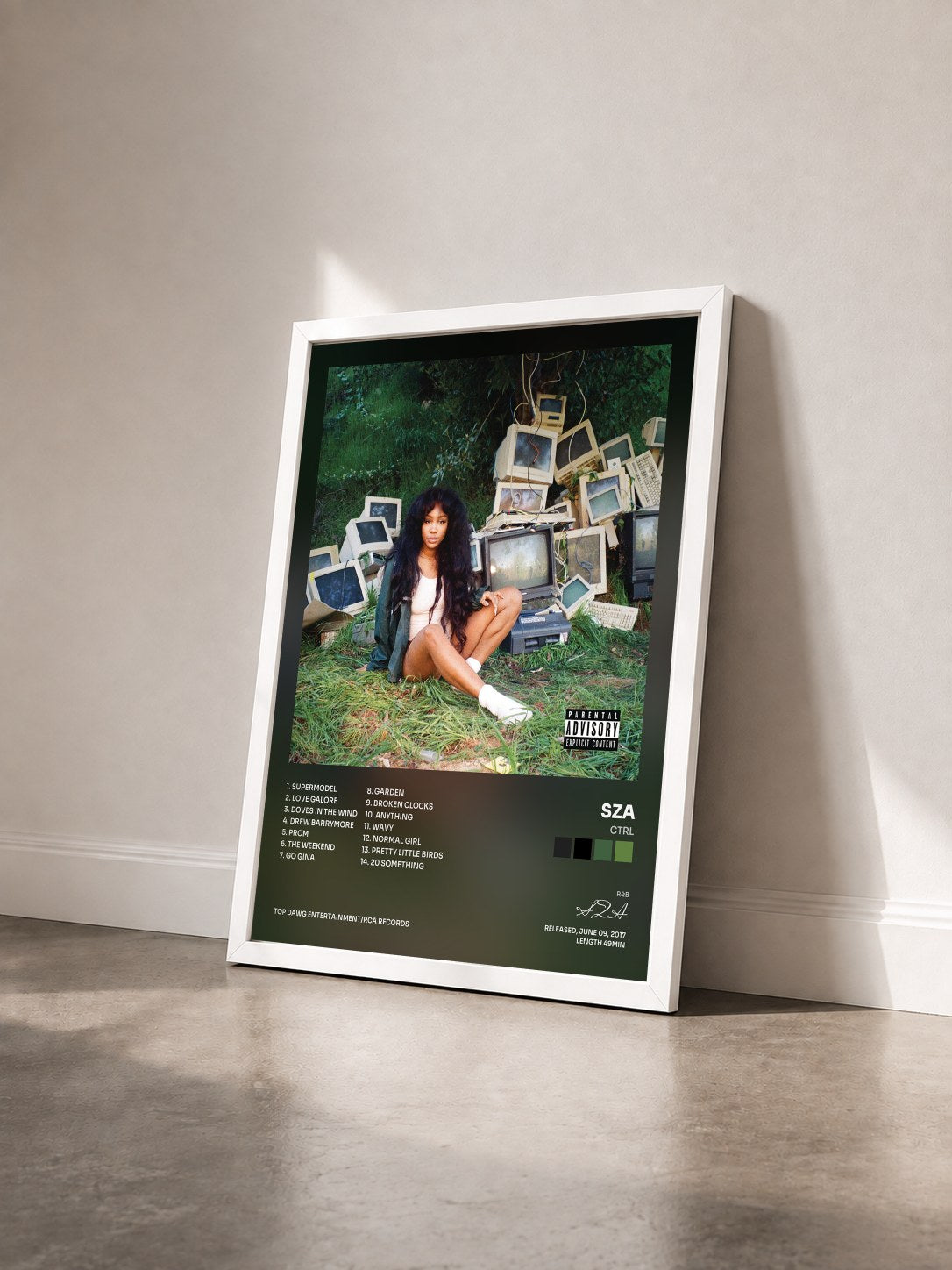 #blanc Tableau de l'album Ctrl de SZA vu de trois quarts, cadre blanc