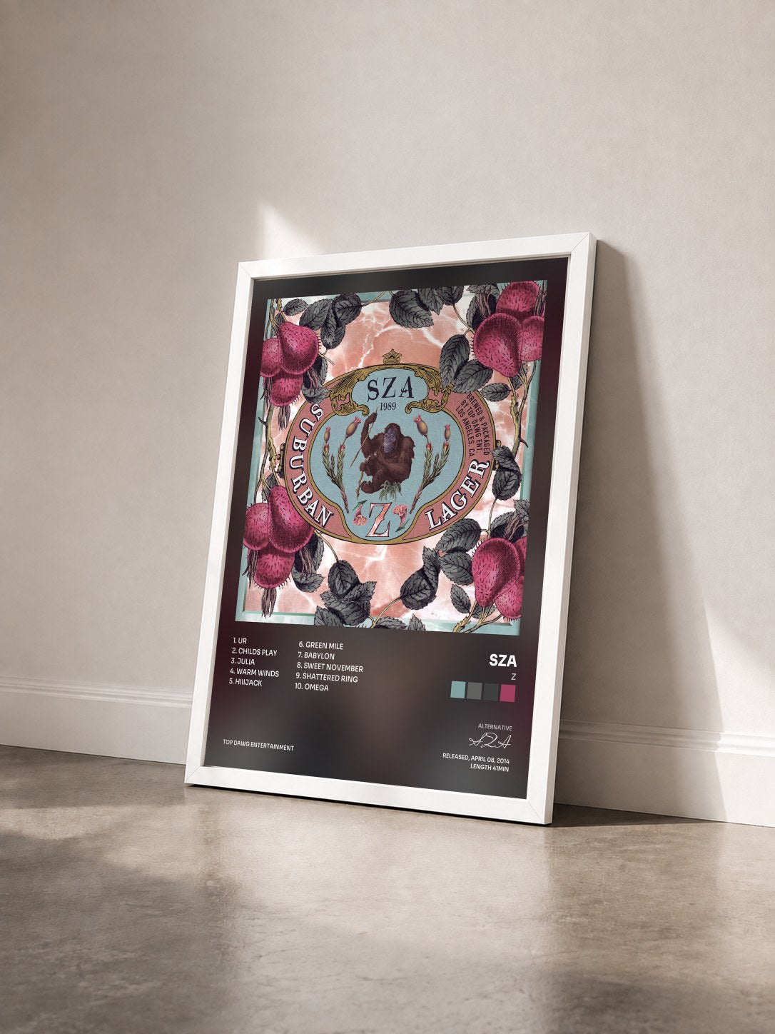 #blanc Tableau de l'album Z de SZA vu de trois quarts, cadre blanc
