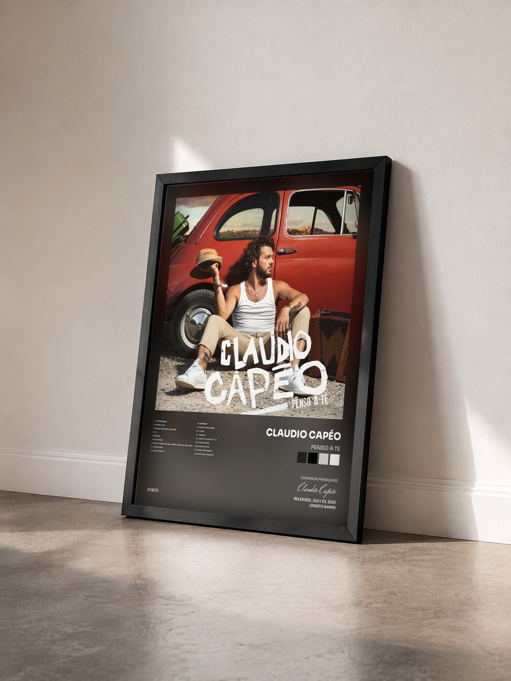 #noir Tableau de l'album Penso a te de Claudio Capéo vu de trois quarts, cadre noir