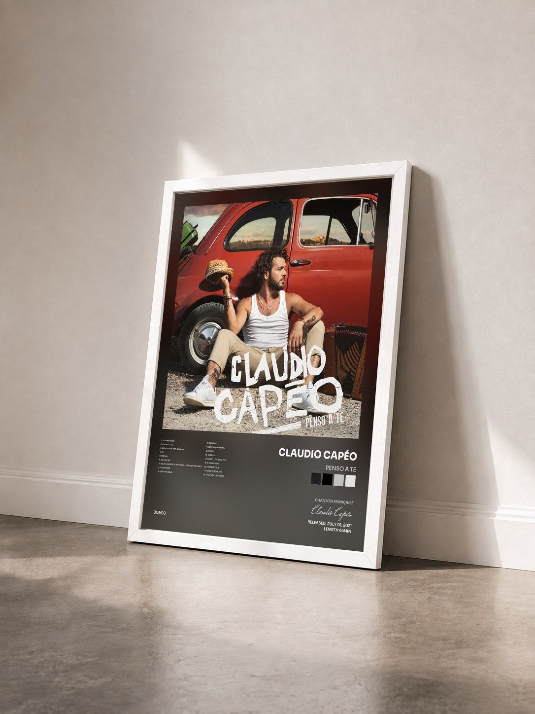 #blanc Tableau de l'album Penso a te de Claudio Capéo vu de trois quarts, cadre blanc