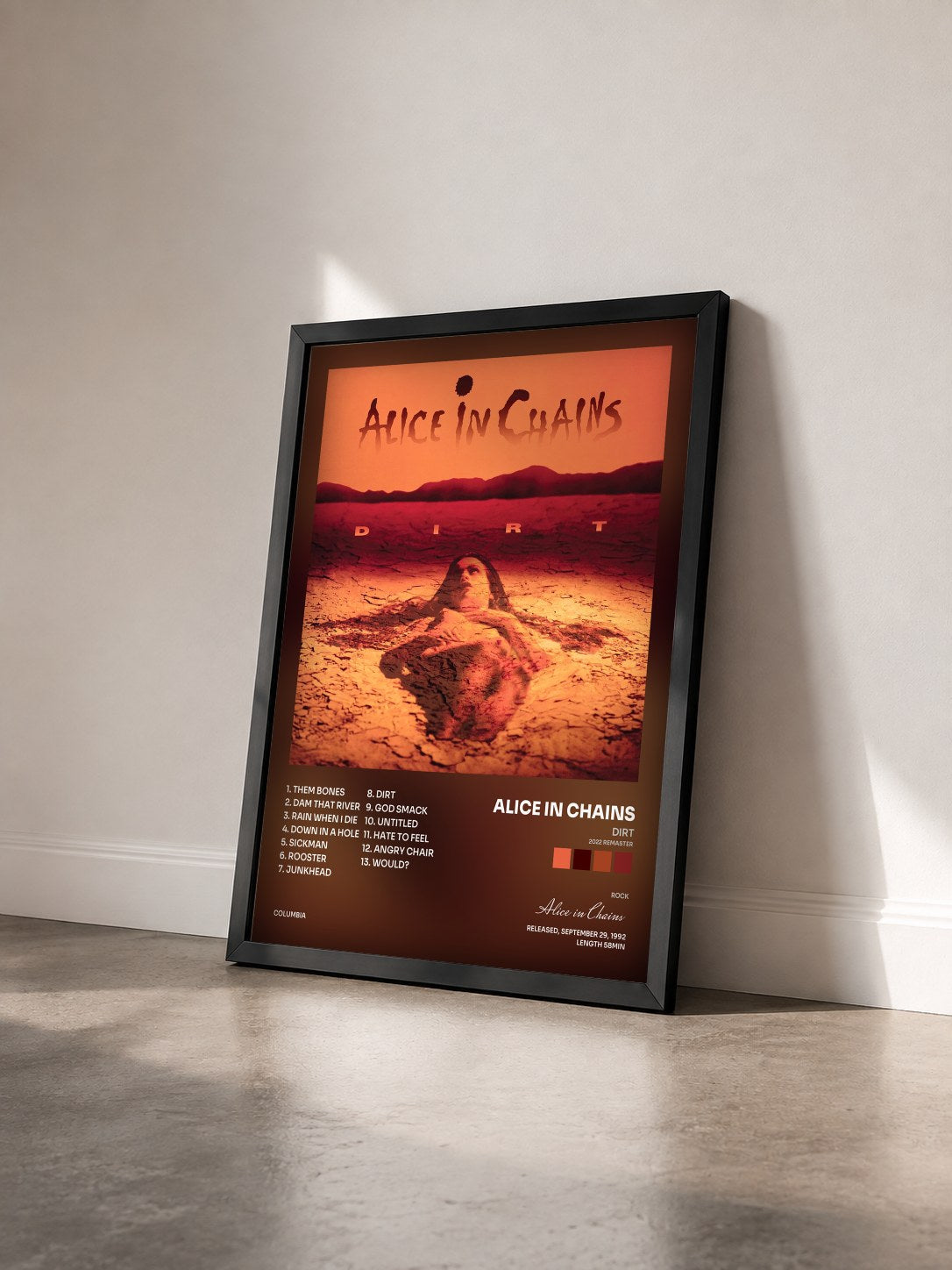#noir Dirt (2022 Remaster) by Alice in Chains as a framed art print seen at an angle, black frame