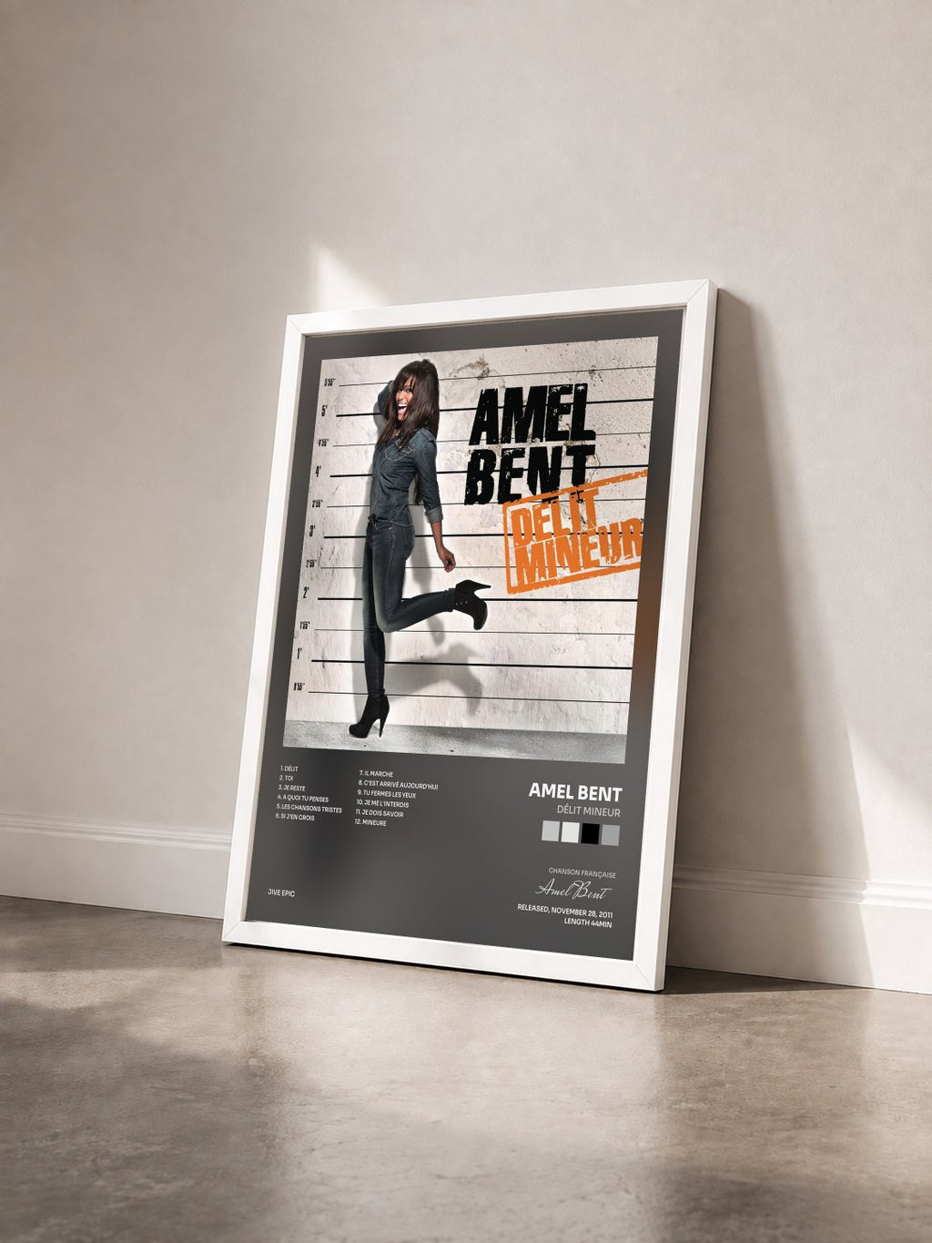 #blanc Tableau de l'album Délit Mineur de Amel Bent vu de trois quarts, cadre blanc