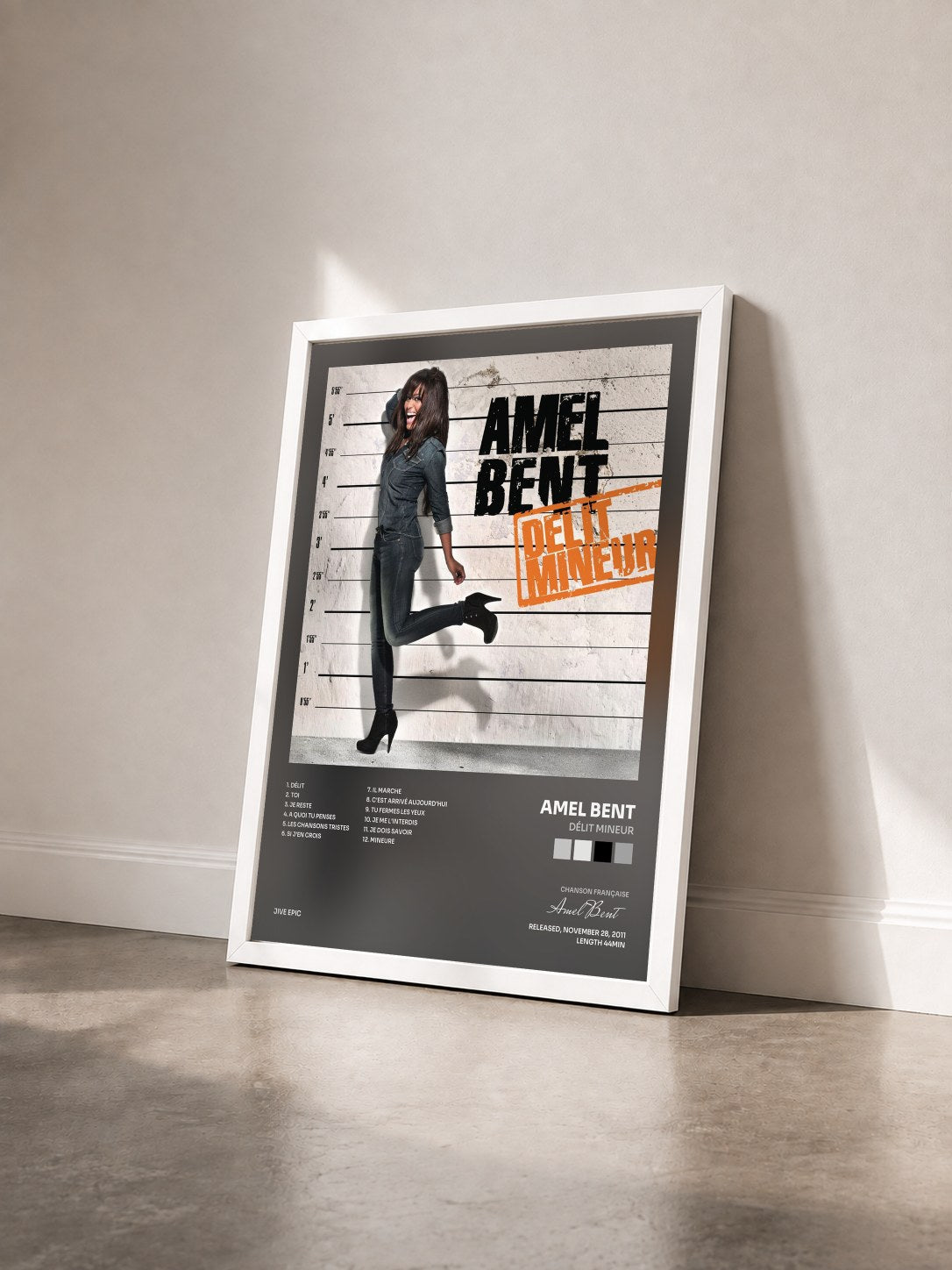 #blanc Tableau de l'album Délit Mineur de Amel Bent vu de trois quarts, cadre blanc