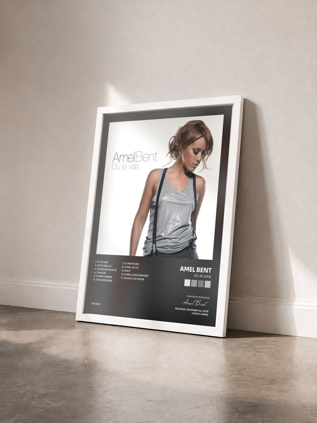 #blanc Tableau de l'album Où je vais de Amel Bent vu de trois quarts, cadre blanc