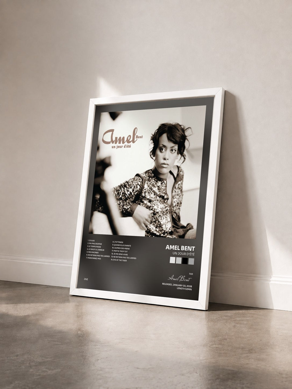 #blanc Tableau de l'album Un Jour D'été de Amel Bent vu de trois quarts, cadre blanc