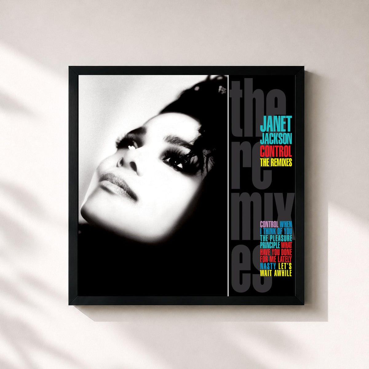 #noir Tableau carré de l'album Control: The Remixes de Janet Jackson, cadre noir 32x32 cm