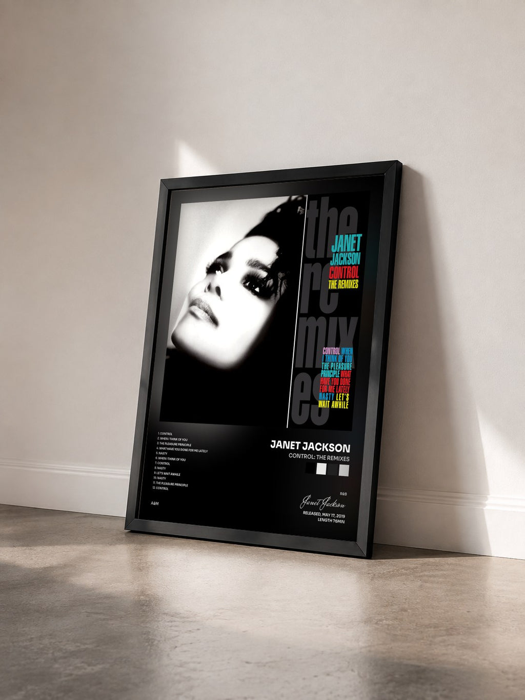 #noir Tableau de l'album Control: The Remixes de Janet Jackson vu de trois quarts, cadre noir