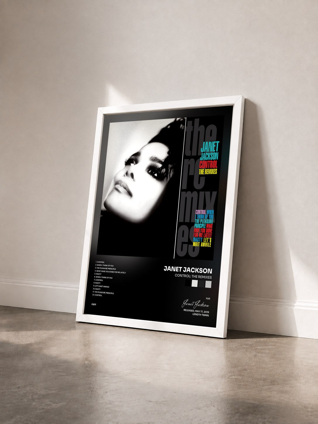 #blanc Tableau de l'album Control: The Remixes de Janet Jackson vu de trois quarts, cadre blanc