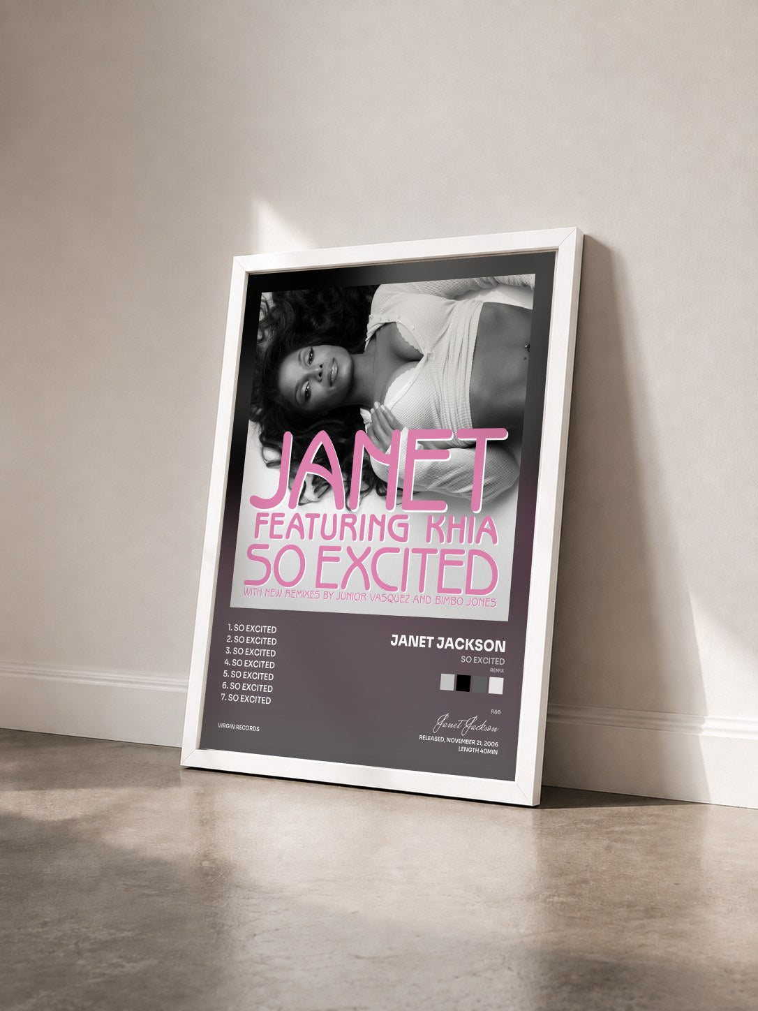 #blanc Tableau de l'album So Excited (Remix) de Janet Jackson vu de trois quarts, cadre blanc