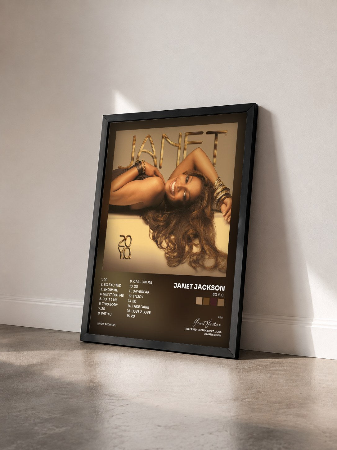 #noir Tableau de l'album 20 Y.O. de Janet Jackson vu de trois quarts, cadre noir