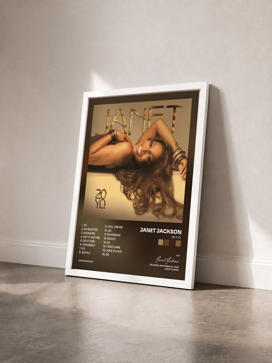 #blanc Tableau de l'album 20 Y.O. de Janet Jackson vu de trois quarts, cadre blanc
