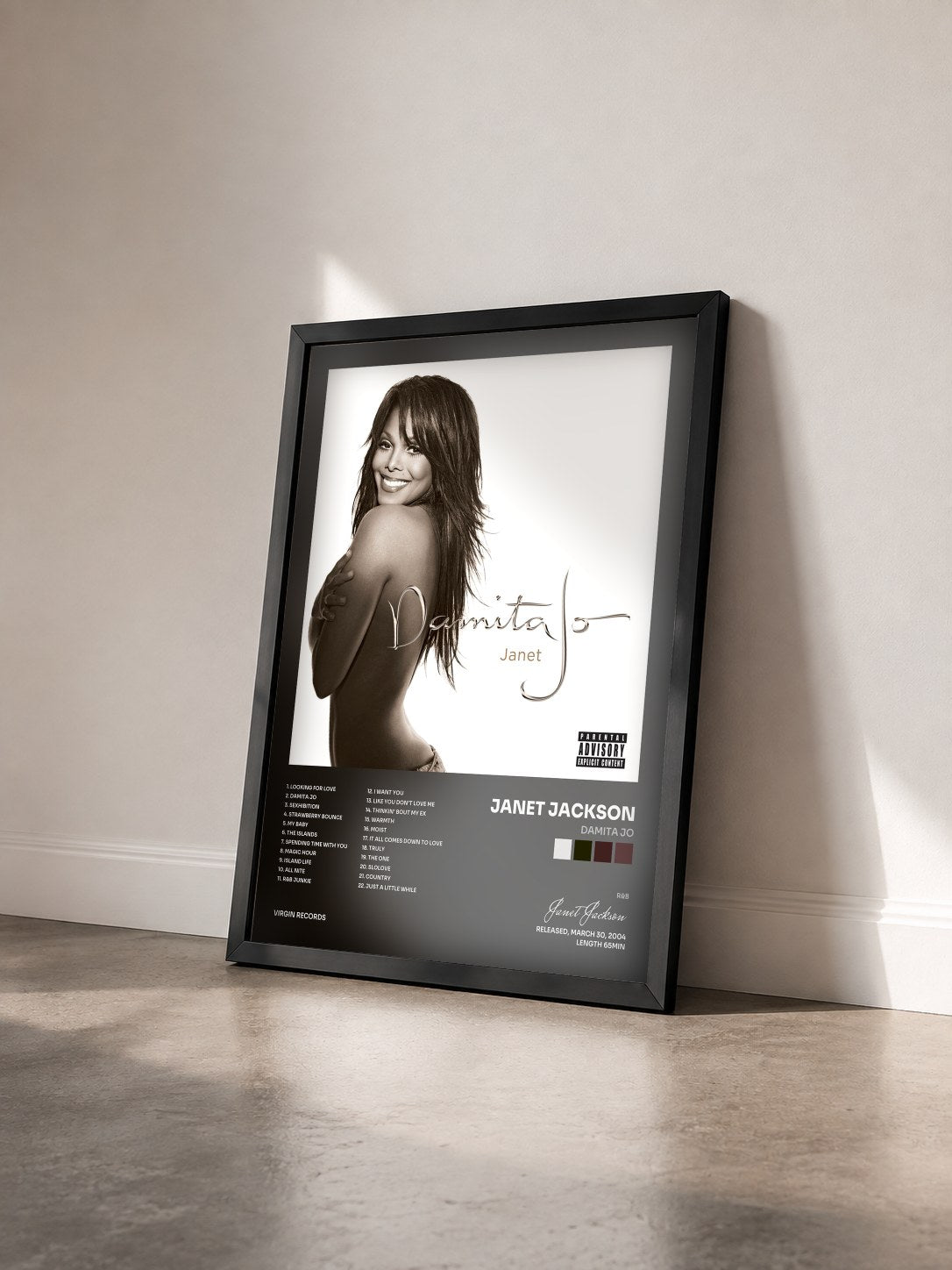 #noir Tableau de l'album Damita Jo de Janet Jackson vu de trois quarts, cadre noir
