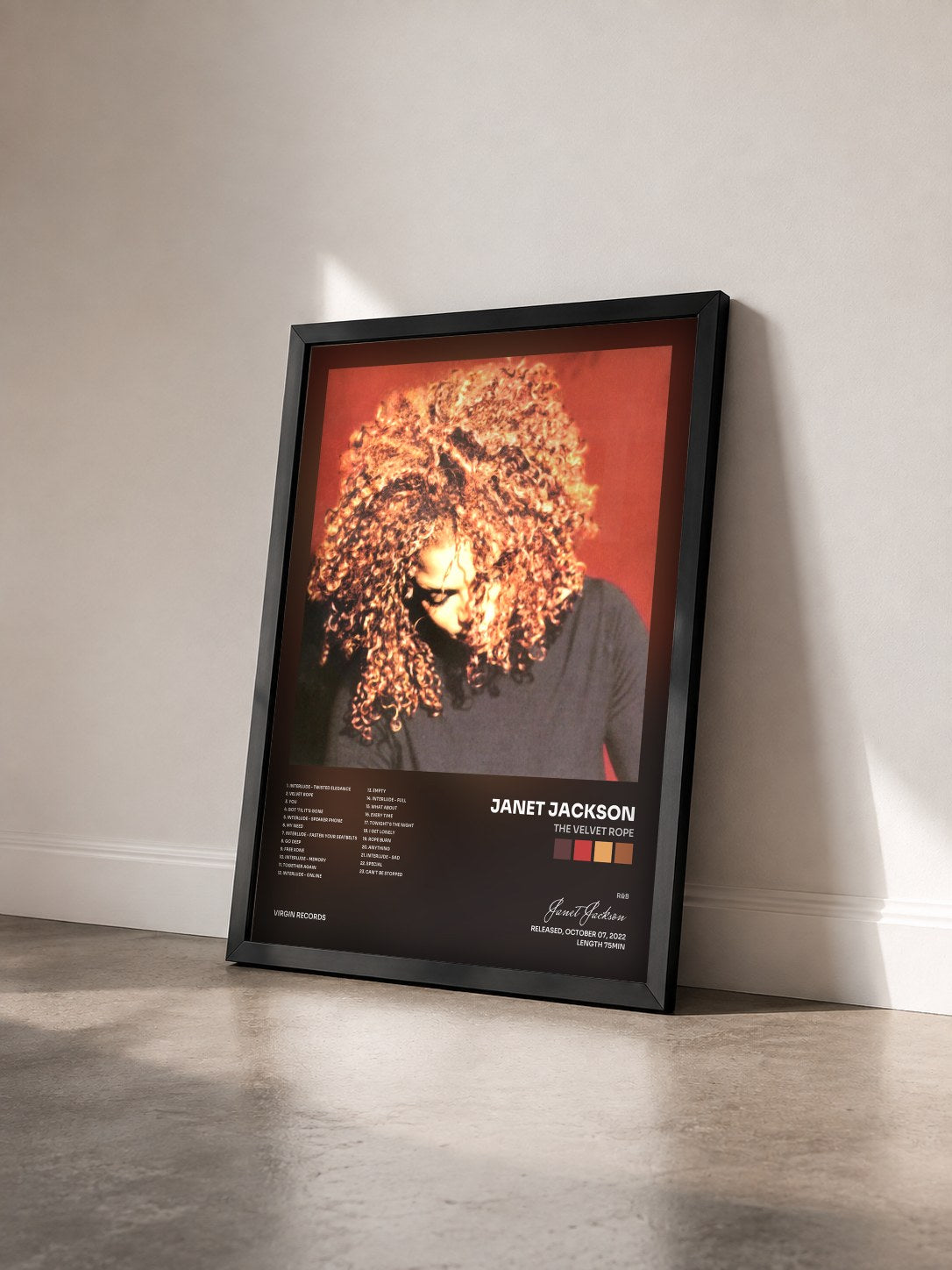 #noir Tableau de l'album The Velvet Rope de Janet Jackson vu de trois quarts, cadre noir