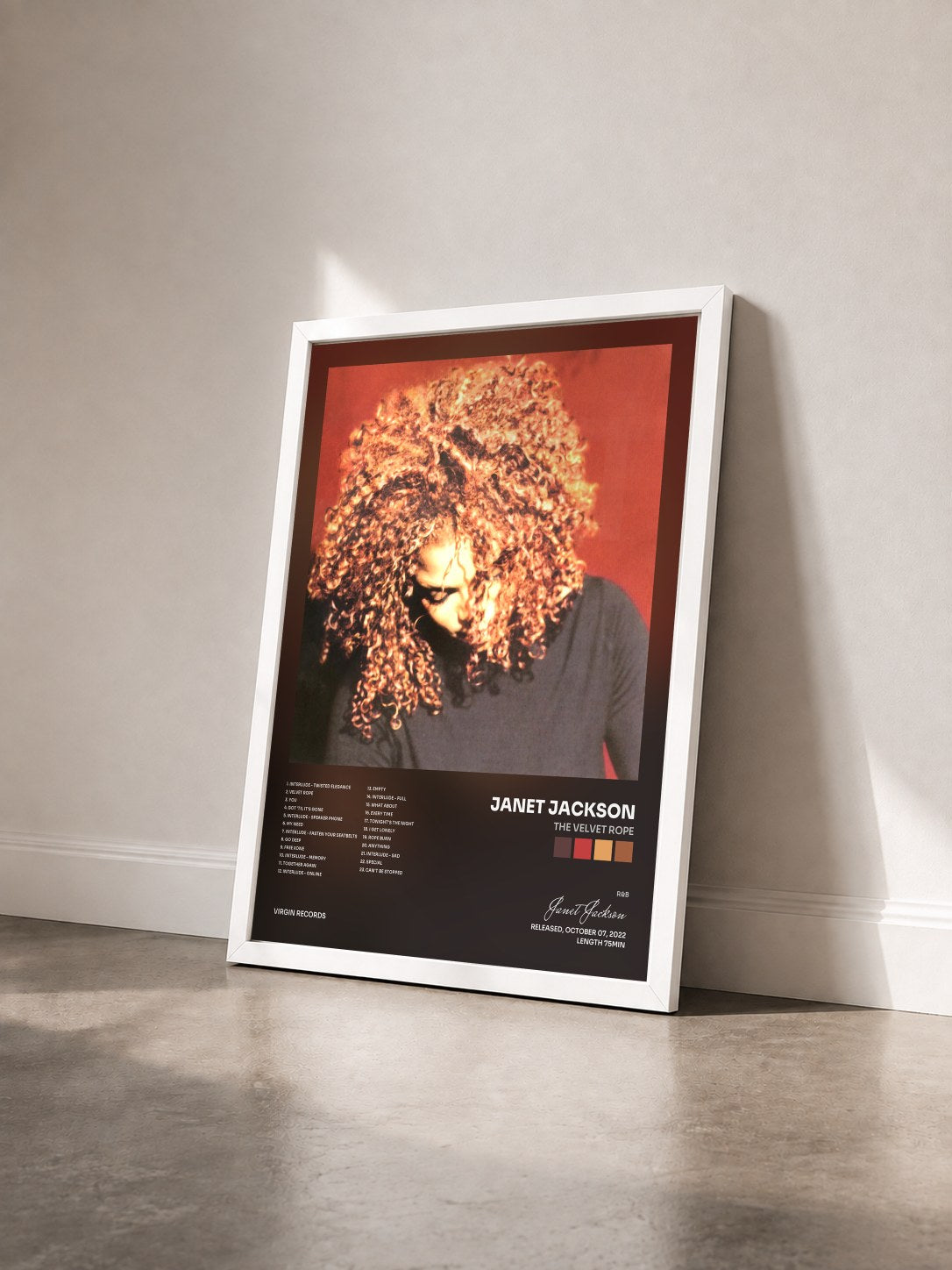 #blanc Tableau de l'album The Velvet Rope de Janet Jackson vu de trois quarts, cadre blanc