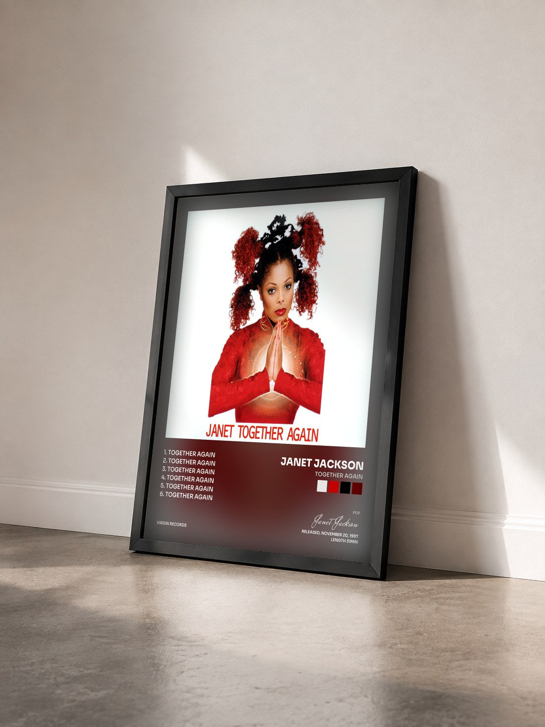 #noir Tableau de l'album Together Again de Janet Jackson vu de trois quarts, cadre noir