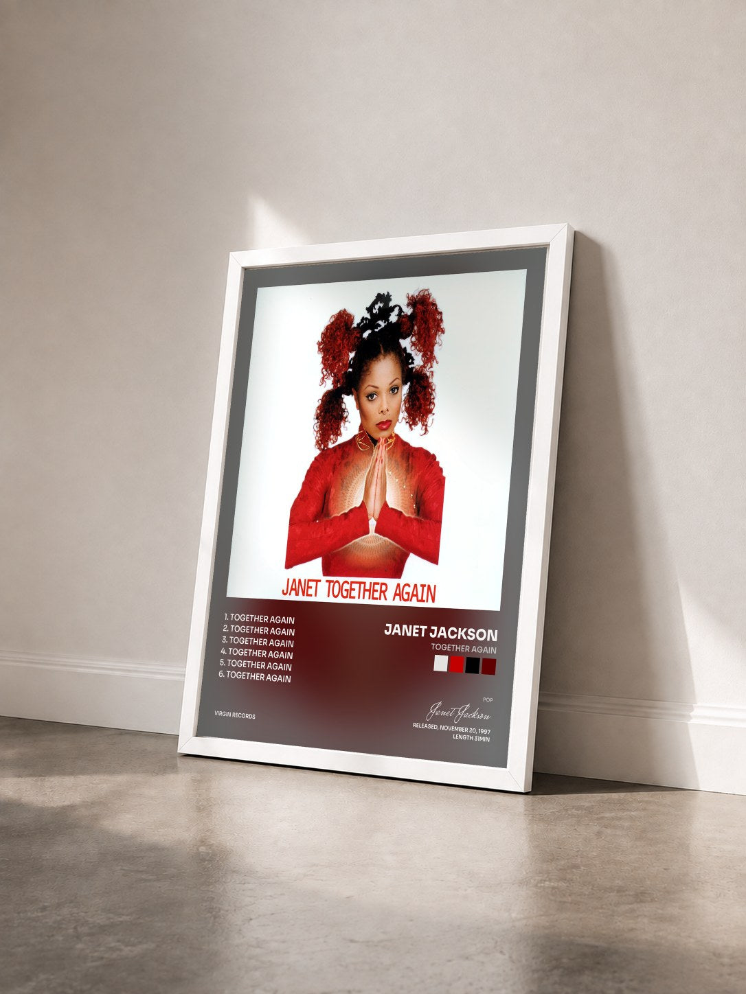 #blanc Tableau de l'album Together Again de Janet Jackson vu de trois quarts, cadre blanc