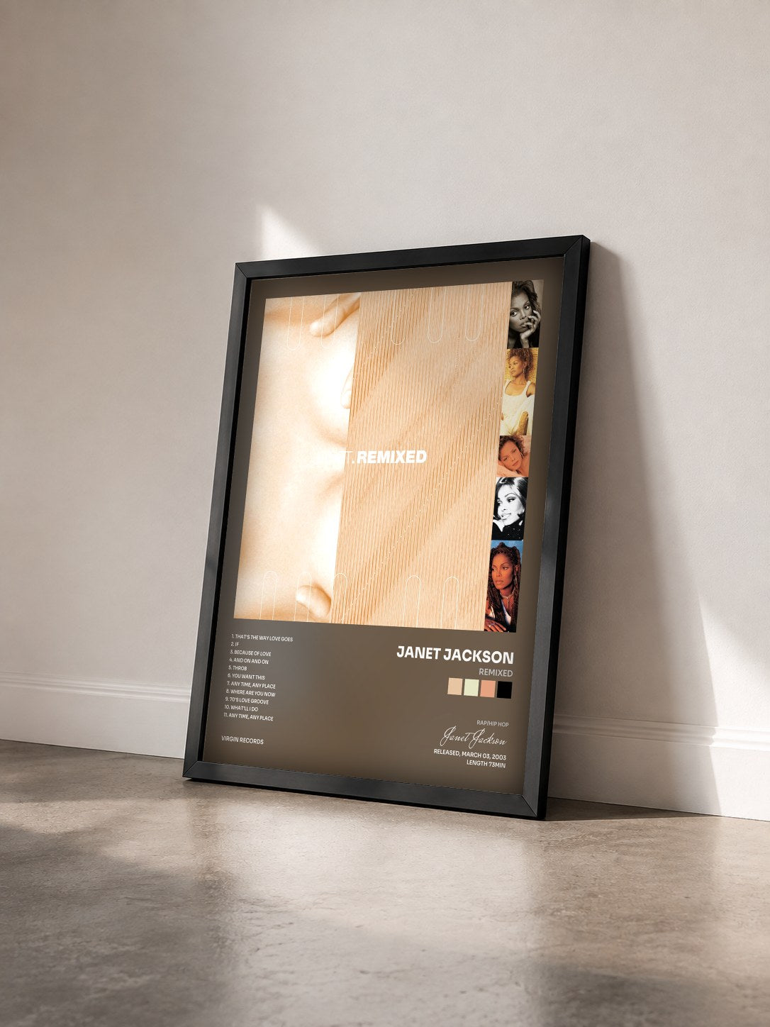 #noir Tableau de l'album Remixed de Janet Jackson vu de trois quarts, cadre noir