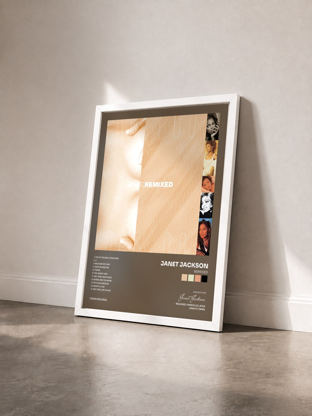 #blanc Tableau de l'album Remixed de Janet Jackson vu de trois quarts, cadre blanc