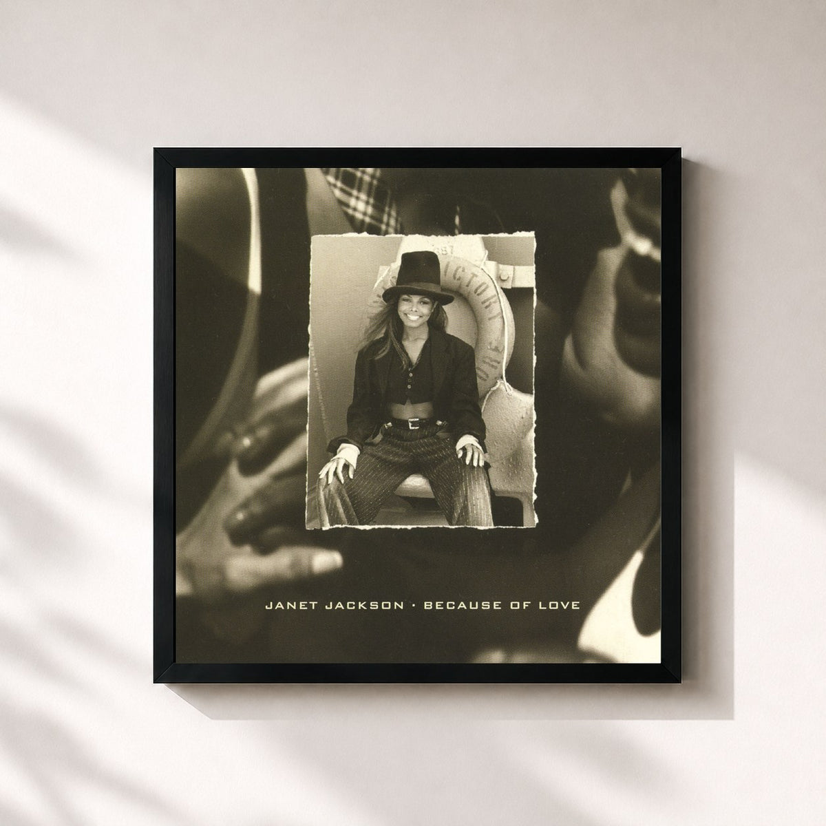 #noir Tableau carré de l'album Because Of Love de Janet Jackson, cadre noir 32x32 cm