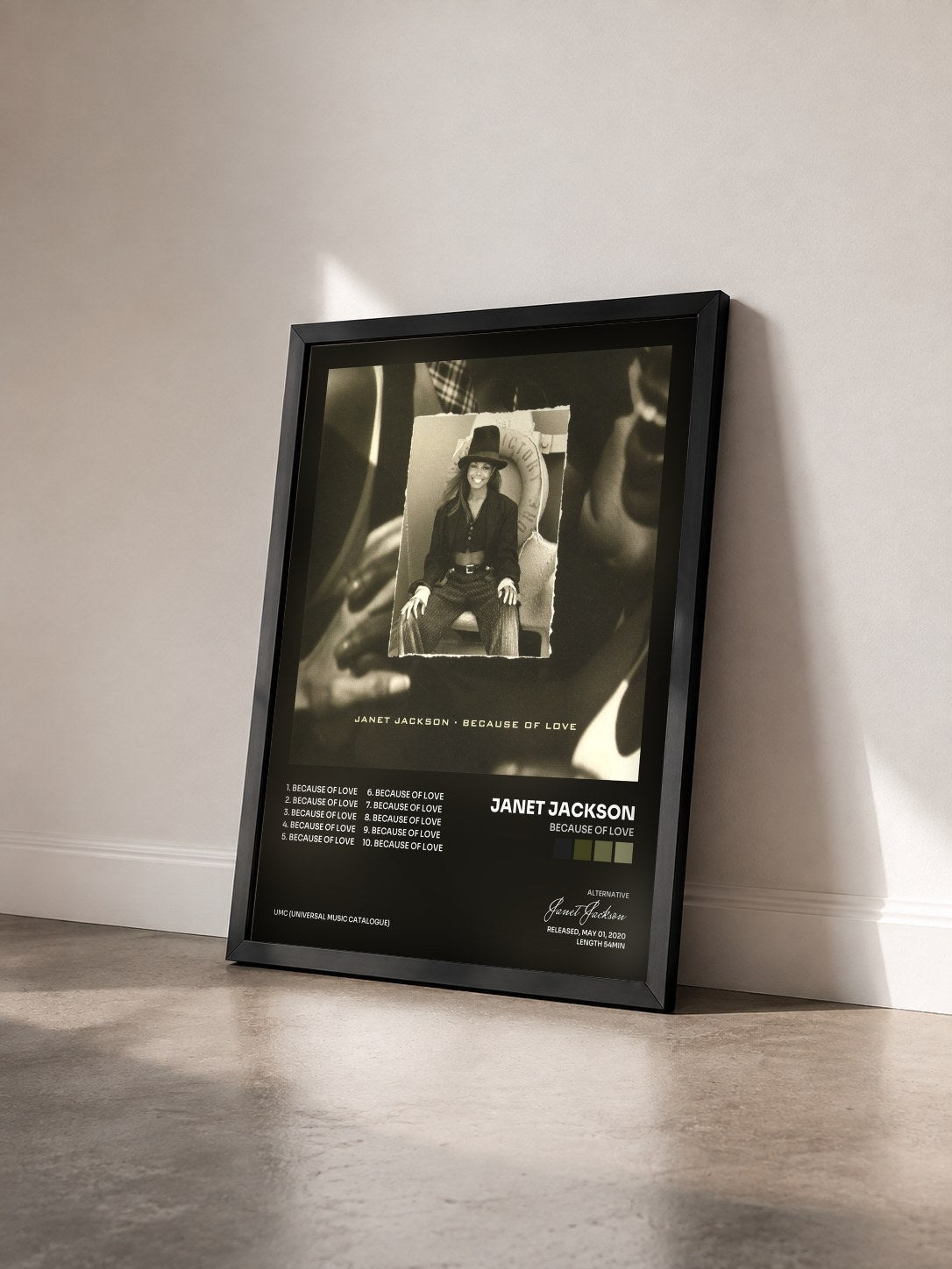 #noir Tableau de l'album Because Of Love de Janet Jackson vu de trois quarts, cadre noir