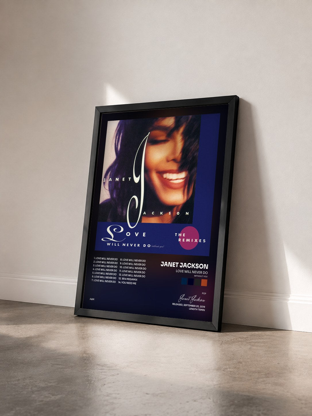 #noir Tableau de l'album Love Will Never Do (Without You): The Remixes de Janet Jackson vu de trois quarts, cadre noir