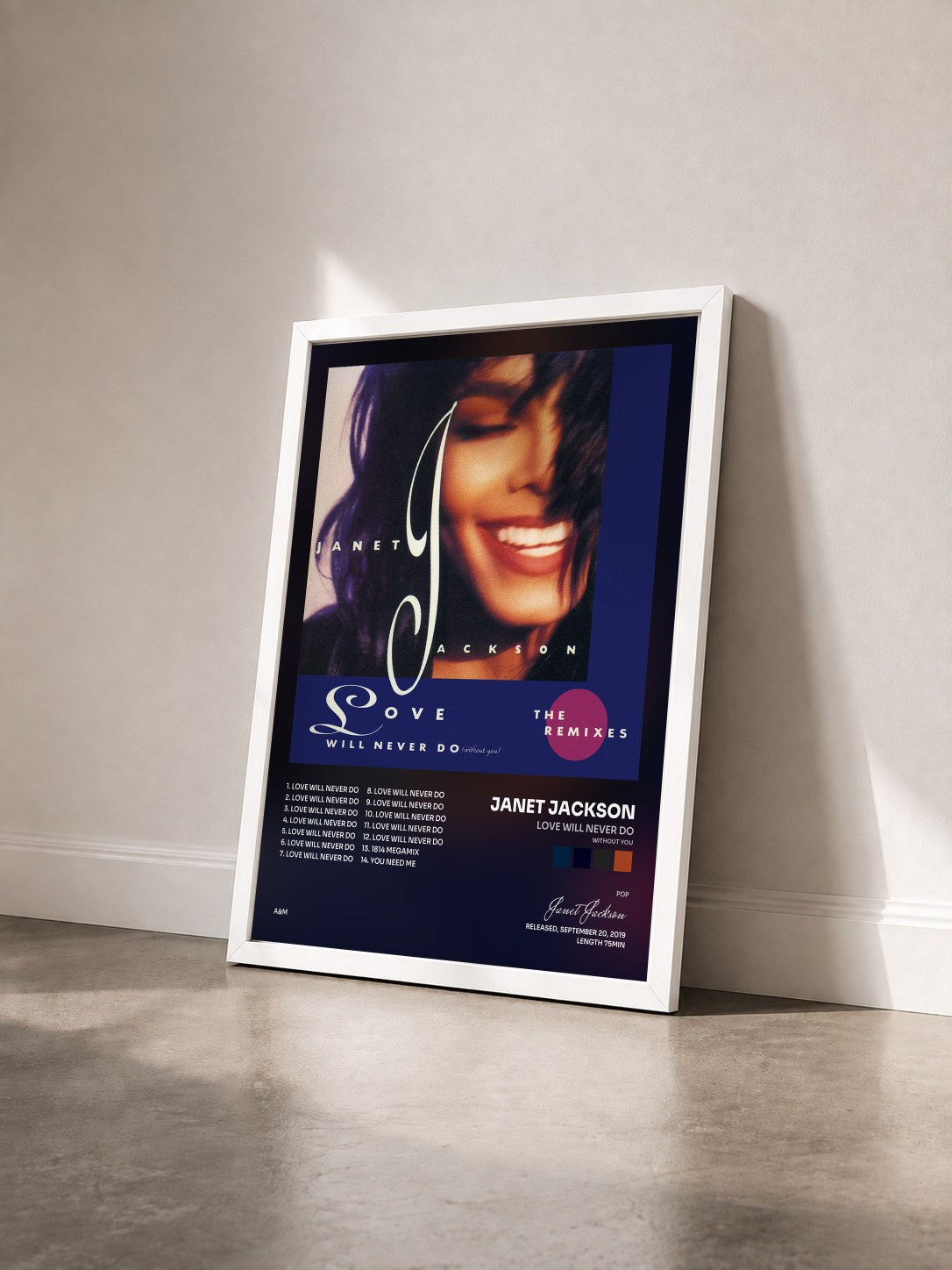 #blanc Tableau de l'album Love Will Never Do (Without You): The Remixes de Janet Jackson vu de trois quarts, cadre blanc