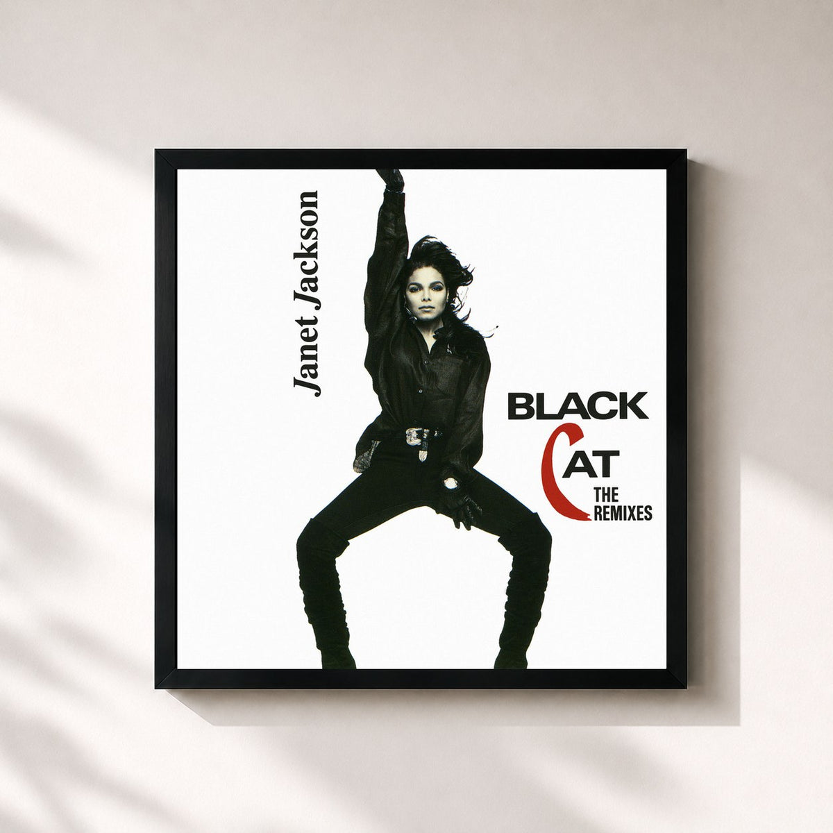 #noir Tableau carré de l'album Black Cat: The Remixes de Janet Jackson, cadre noir 32x32 cm