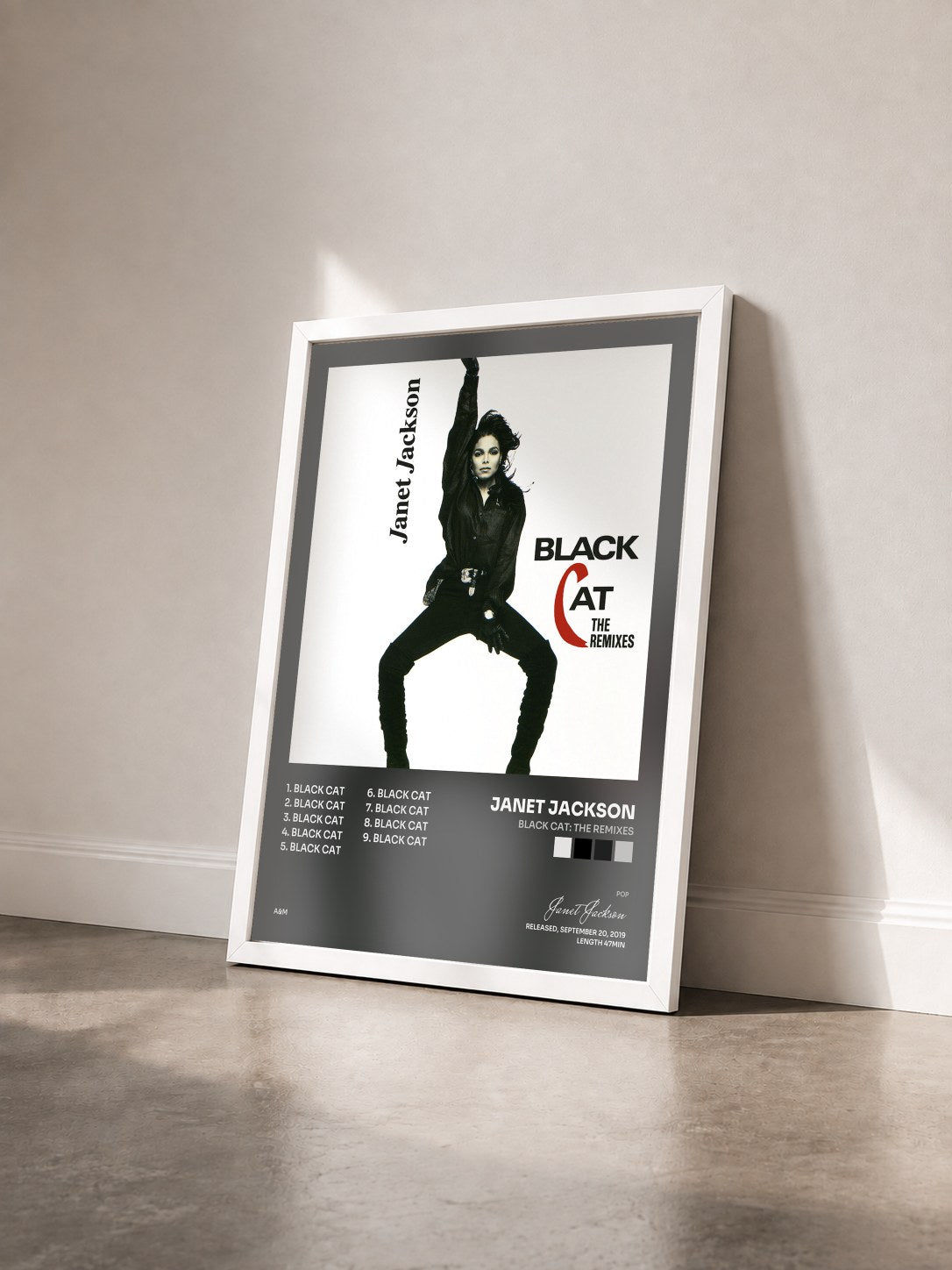 #blanc Tableau de l'album Black Cat: The Remixes de Janet Jackson vu de trois quarts, cadre blanc