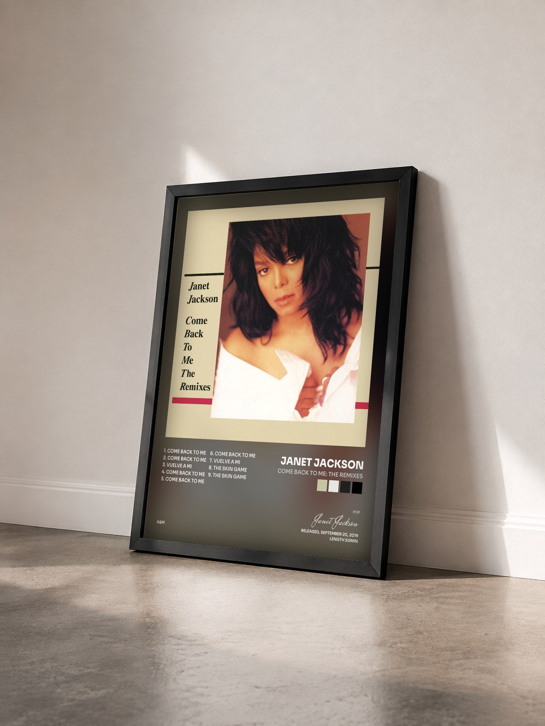 #noir Tableau de l'album Come Back To Me: The Remixes de Janet Jackson vu de trois quarts, cadre noir
