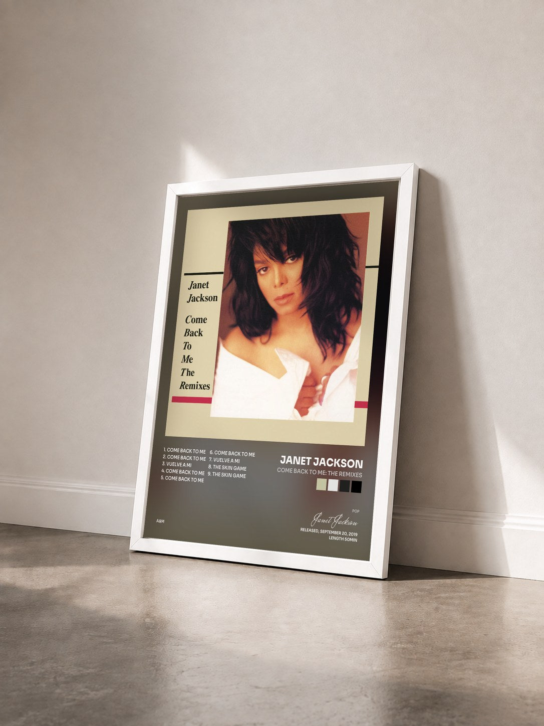 #blanc Tableau de l'album Come Back To Me: The Remixes de Janet Jackson vu de trois quarts, cadre blanc