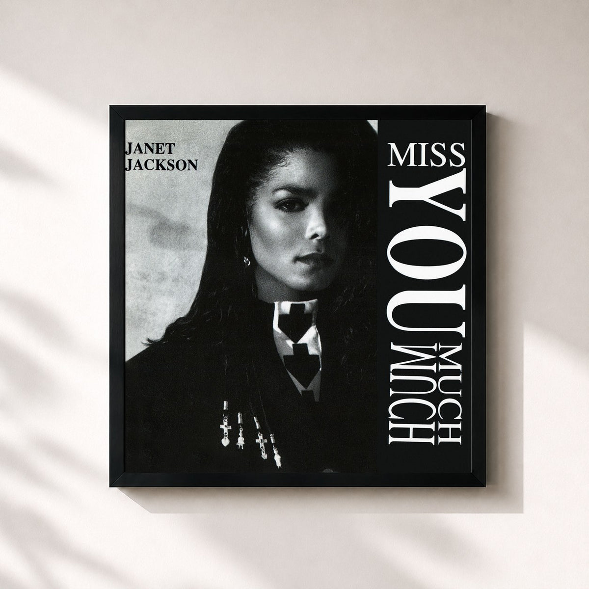 #noir Tableau carré de l'album Miss You Much: The Remixes de Janet Jackson, cadre noir 32x32 cm