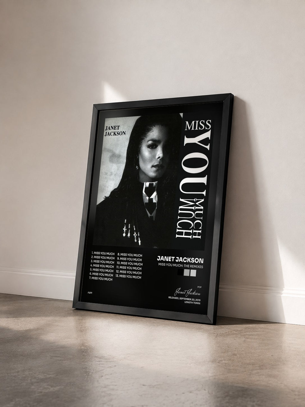 #noir Tableau de l'album Miss You Much: The Remixes de Janet Jackson vu de trois quarts, cadre noir