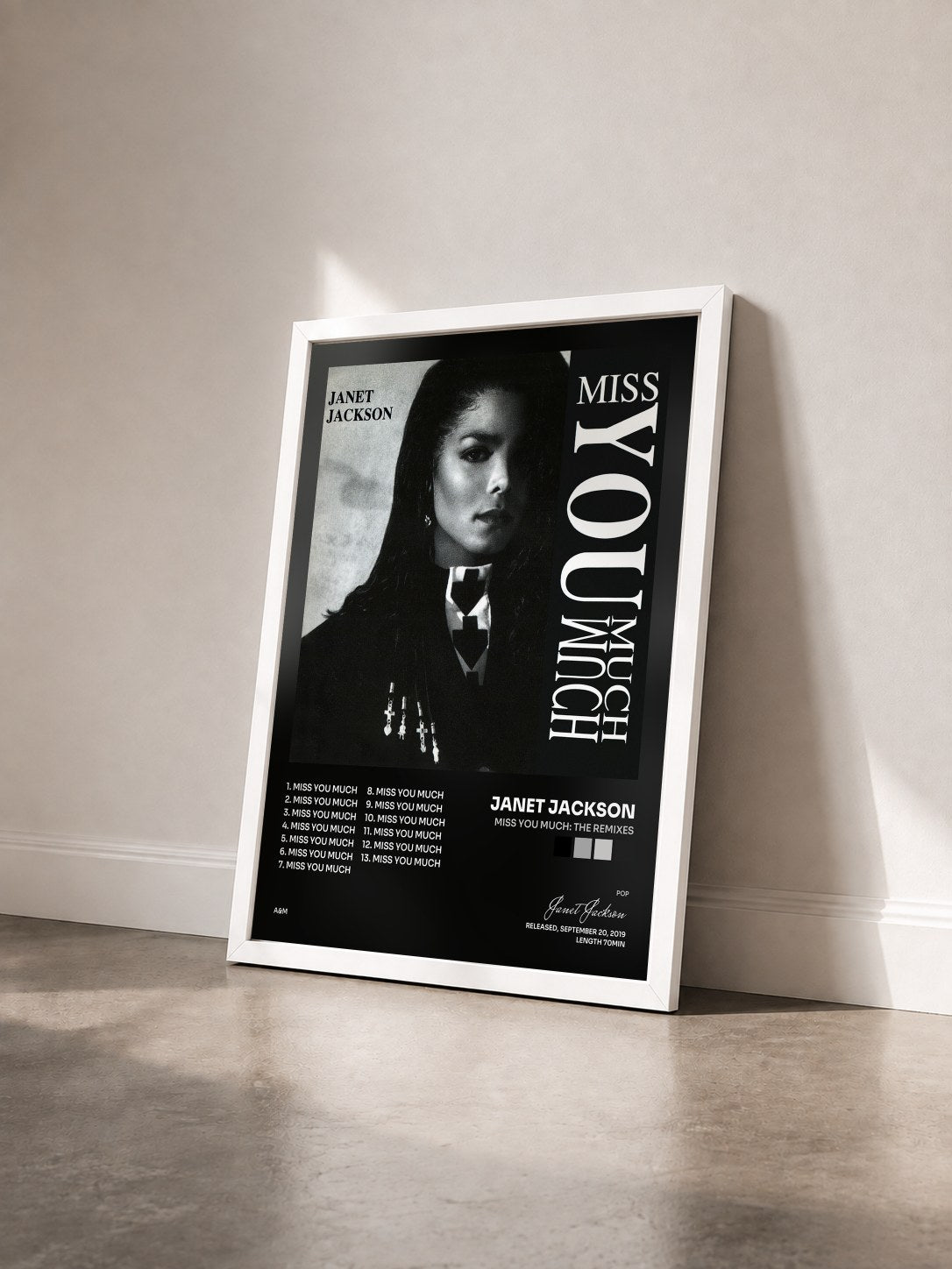#blanc Tableau de l'album Miss You Much: The Remixes de Janet Jackson vu de trois quarts, cadre blanc