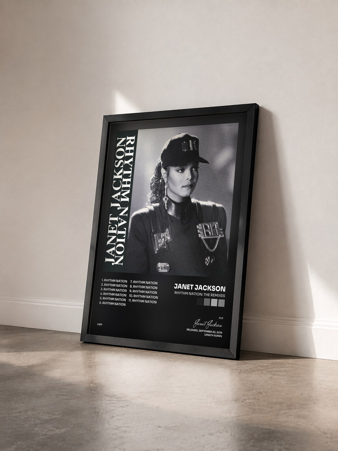 #noir Tableau de l'album Rhythm Nation: The Remixes de Janet Jackson vu de trois quarts, cadre noir