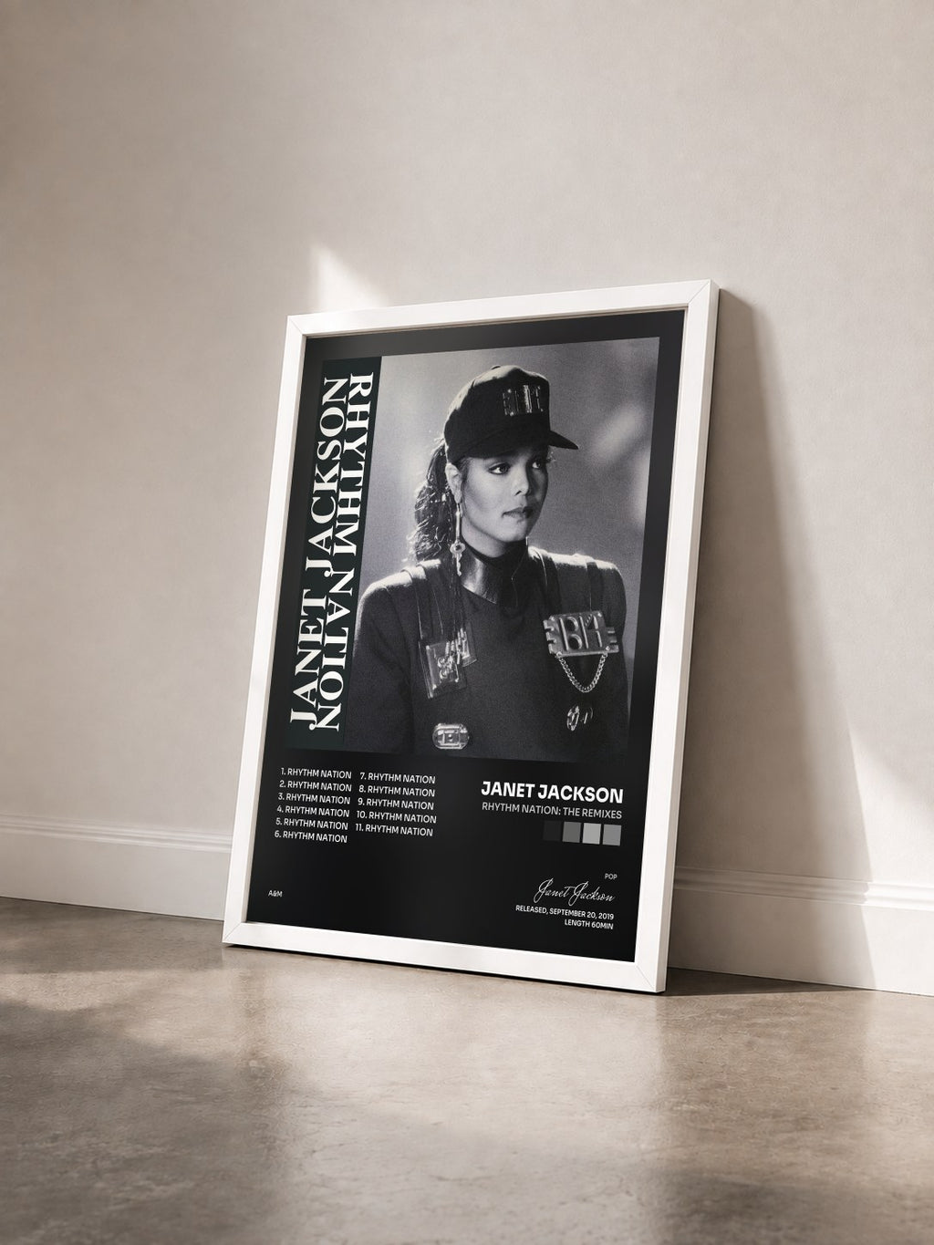 #blanc Rhythm Nation: The Remixes de Janet Jackson en lámina enmarcada vista de tres cuartos, marco blanco