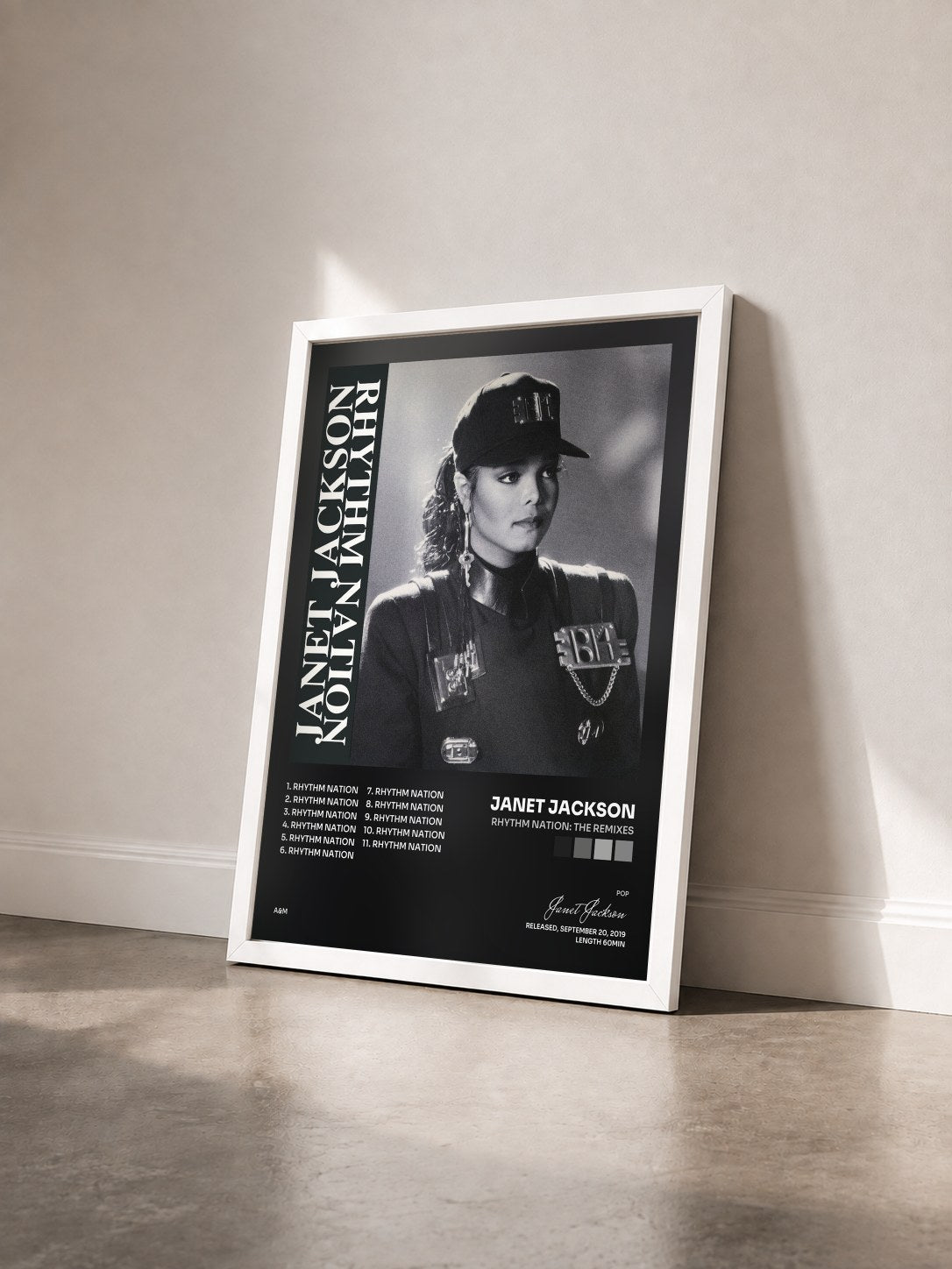 #blanc Tableau de l'album Rhythm Nation: The Remixes de Janet Jackson vu de trois quarts, cadre blanc