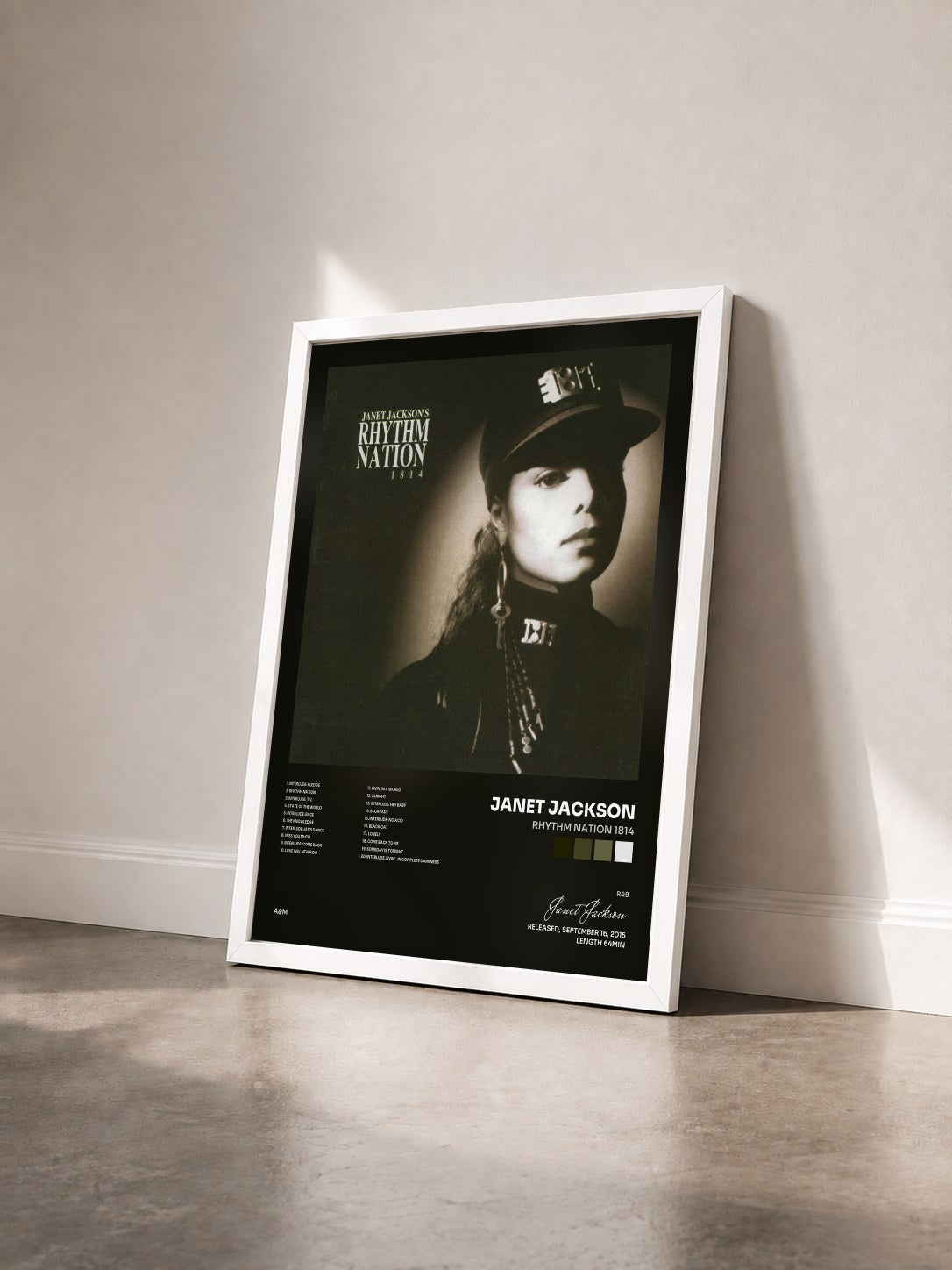 #blanc Tableau de l'album Rhythm Nation 1814 de Janet Jackson vu de trois quarts, cadre blanc