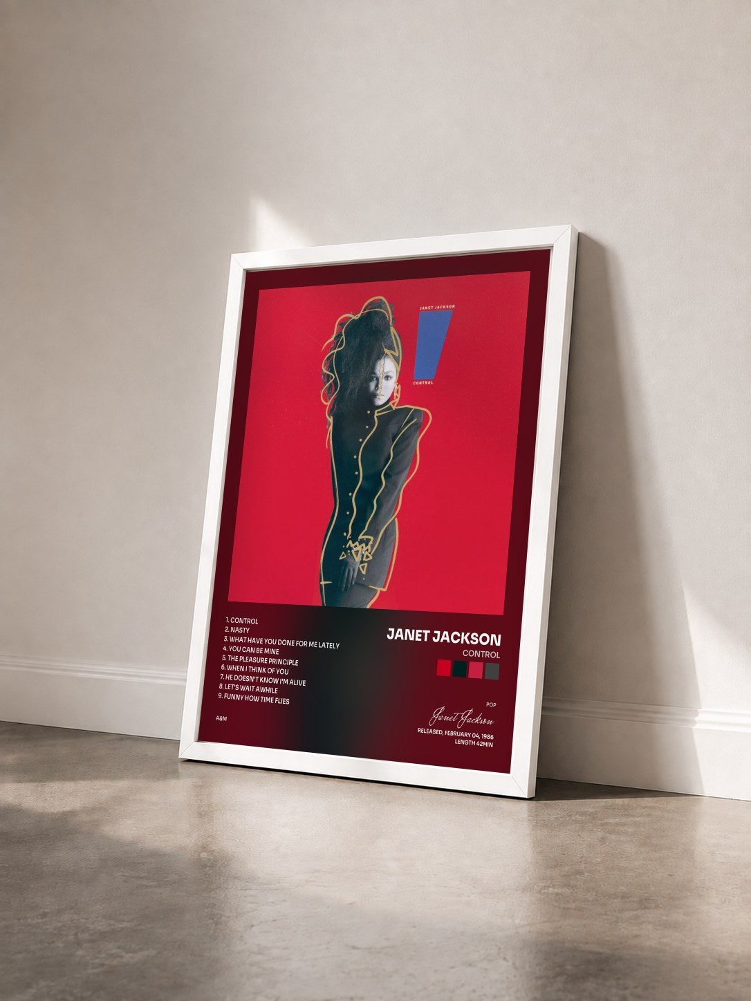 #blanc Tableau de l'album Control de Janet Jackson vu de trois quarts, cadre blanc