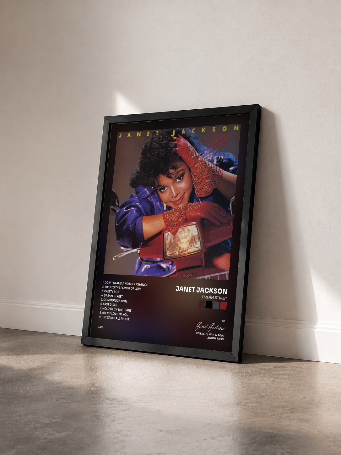 #noir Tableau de l'album Dream Street de Janet Jackson vu de trois quarts, cadre noir