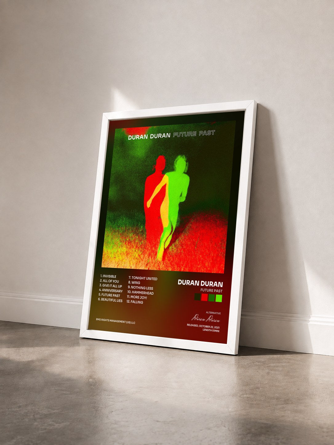 #blanc Tableau de l'album FUTURE PAST de Duran Duran vu de trois quarts, cadre blanc