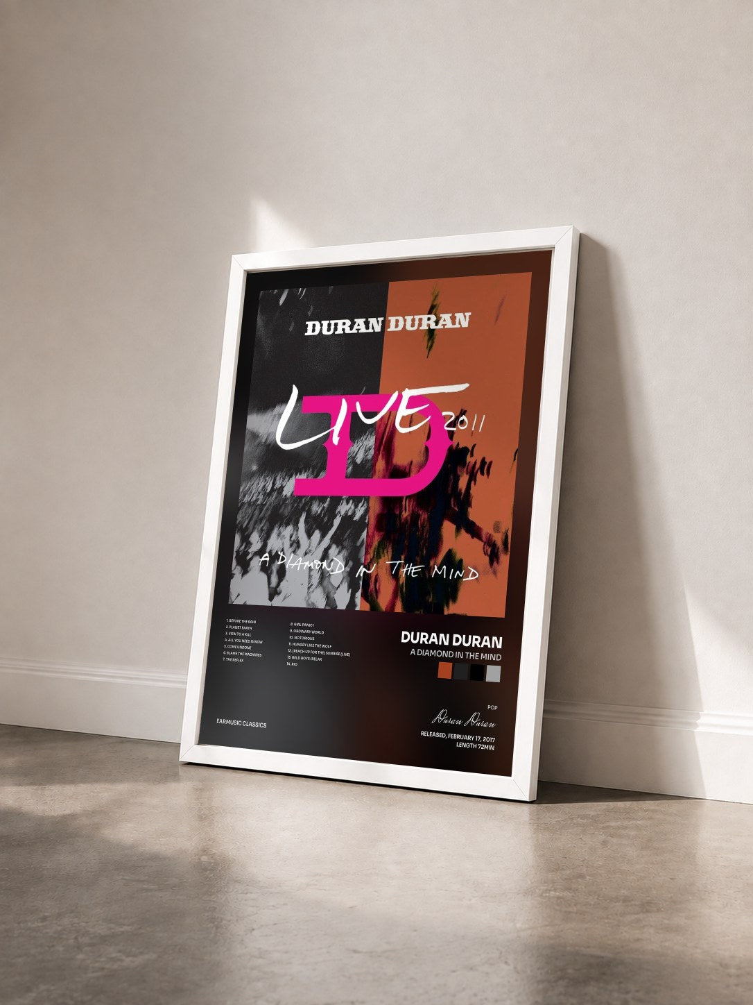 #blanc Tableau de l'album A Diamond in the Mind de Duran Duran vu de trois quarts, cadre blanc