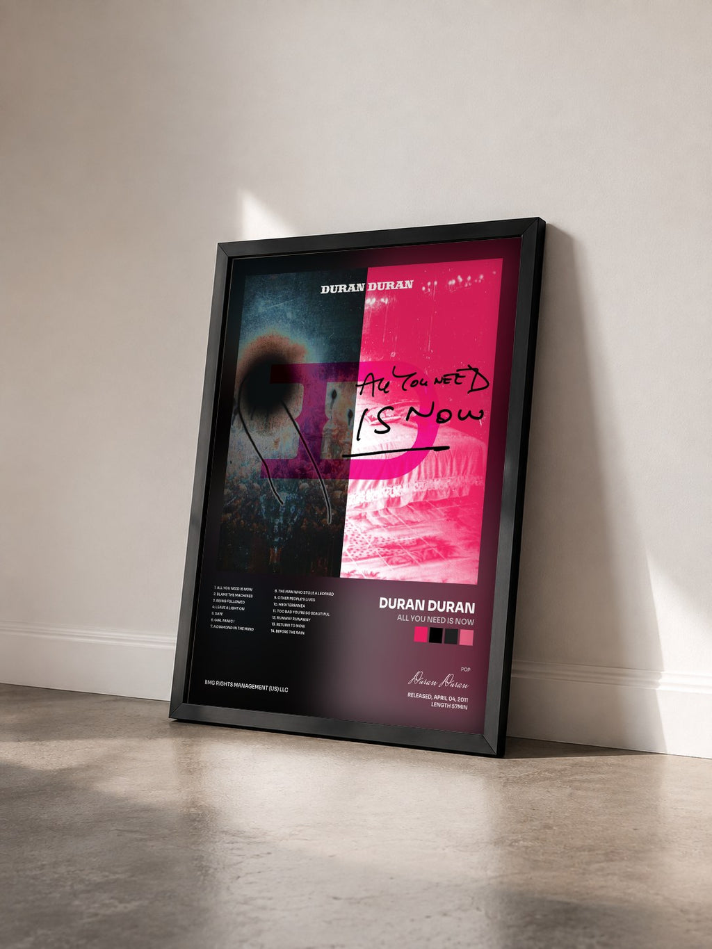 #noir All You Need Is Now by Duran Duran as a framed art print seen at an angle, black frame