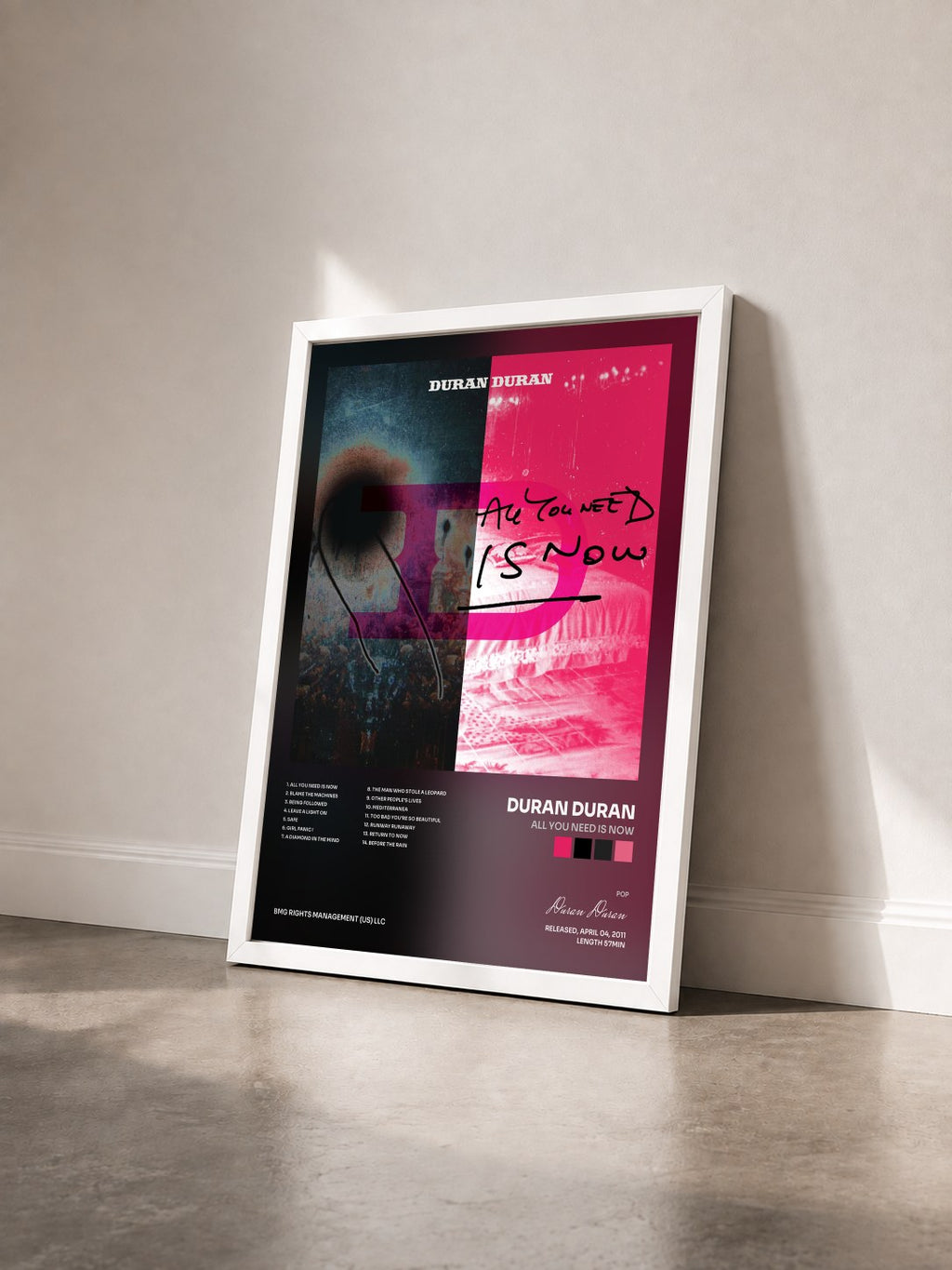 #blanc All You Need Is Now by Duran Duran as a framed art print seen at an angle, white frame