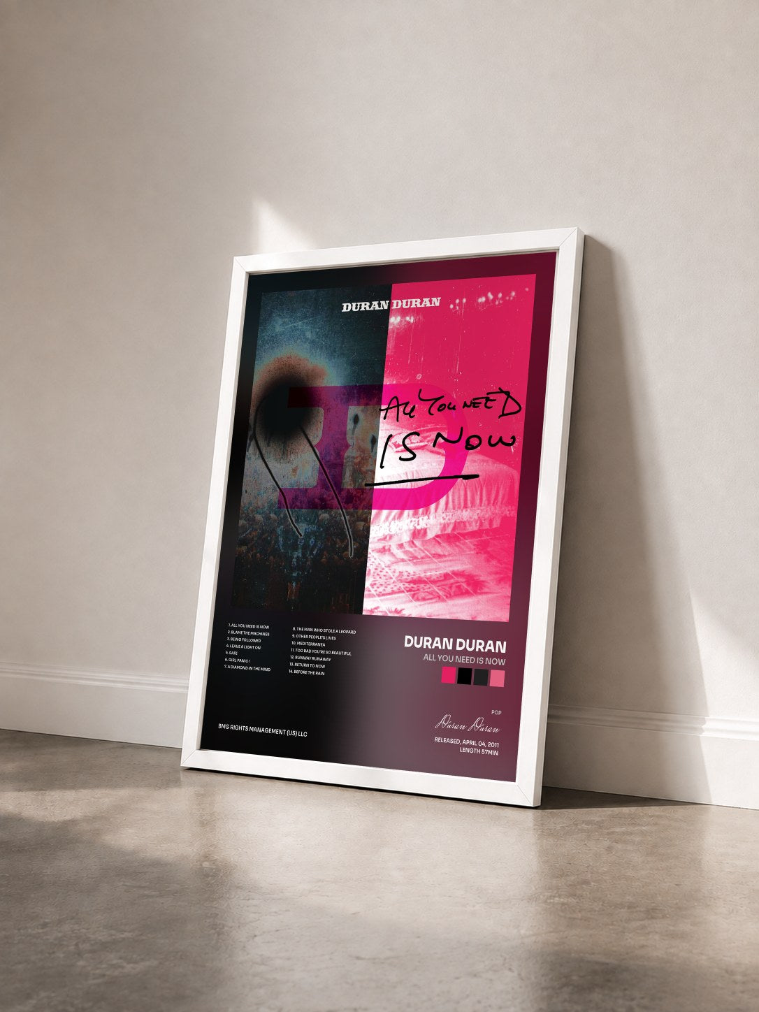 #blanc Tableau de l'album All You Need Is Now de Duran Duran vu de trois quarts, cadre blanc