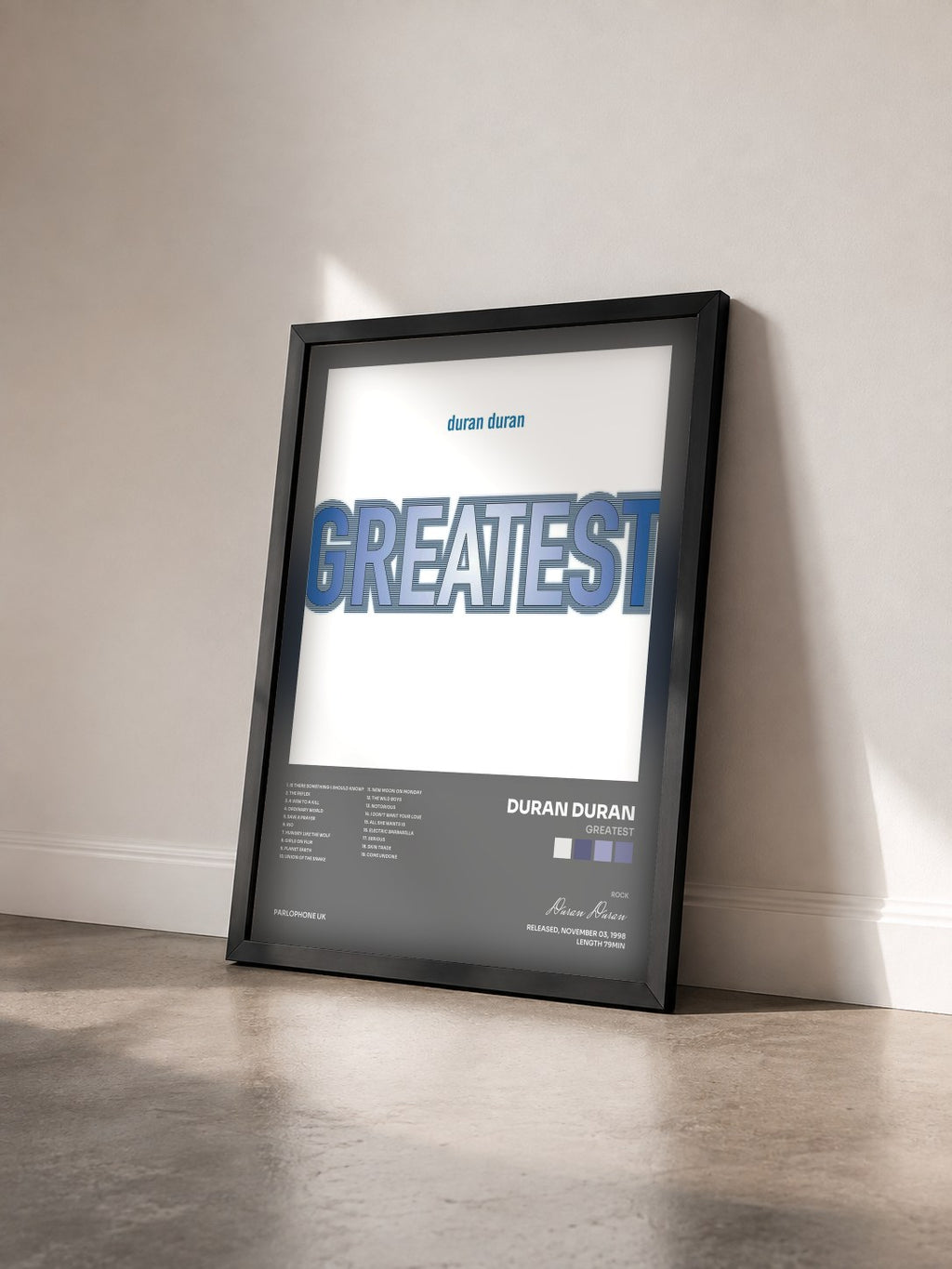 #noir Tableau de l'album Greatest de Duran Duran vu de trois quarts, cadre noir