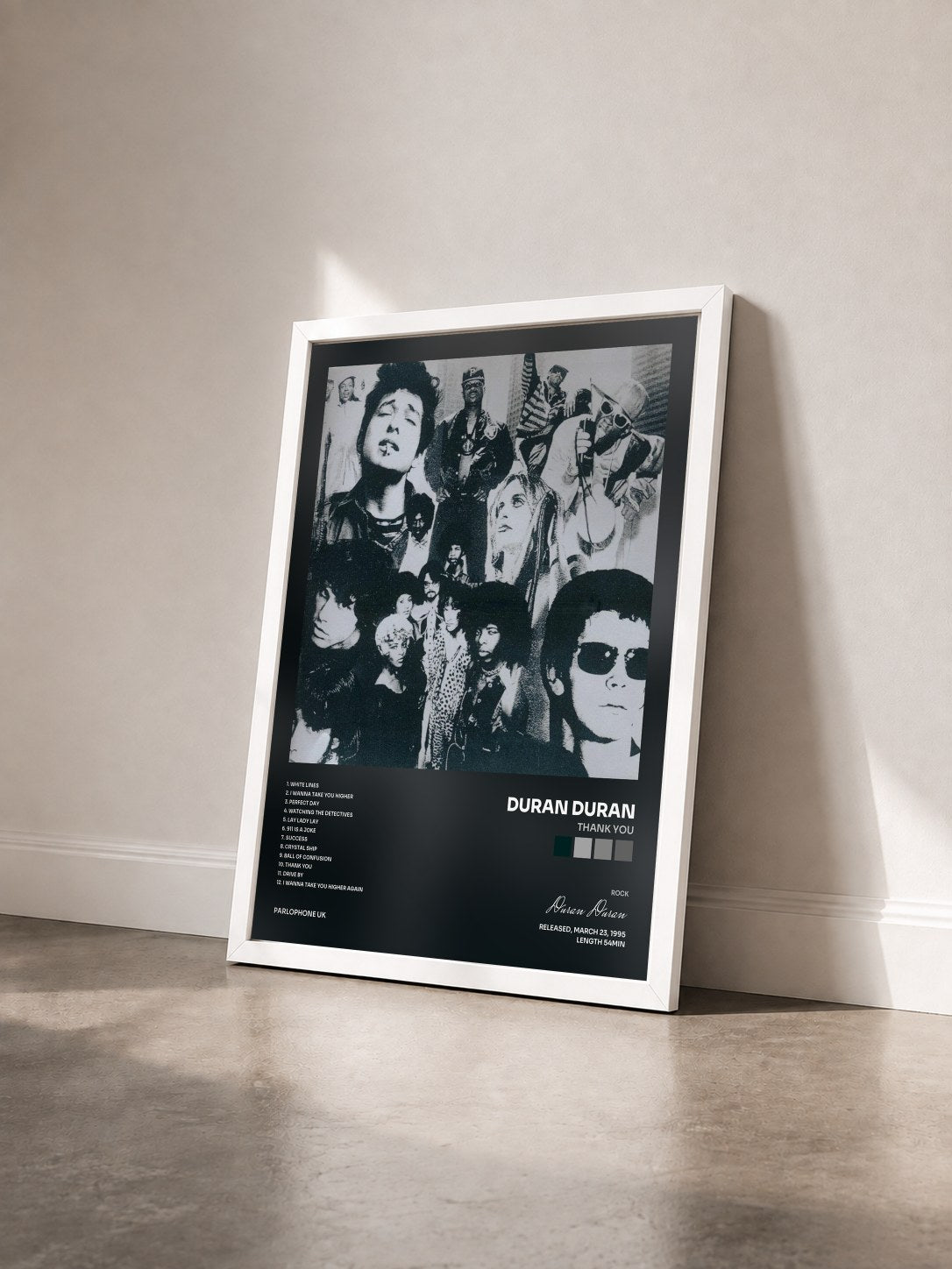 #blanc Tableau de l'album Thank You de Duran Duran vu de trois quarts, cadre blanc